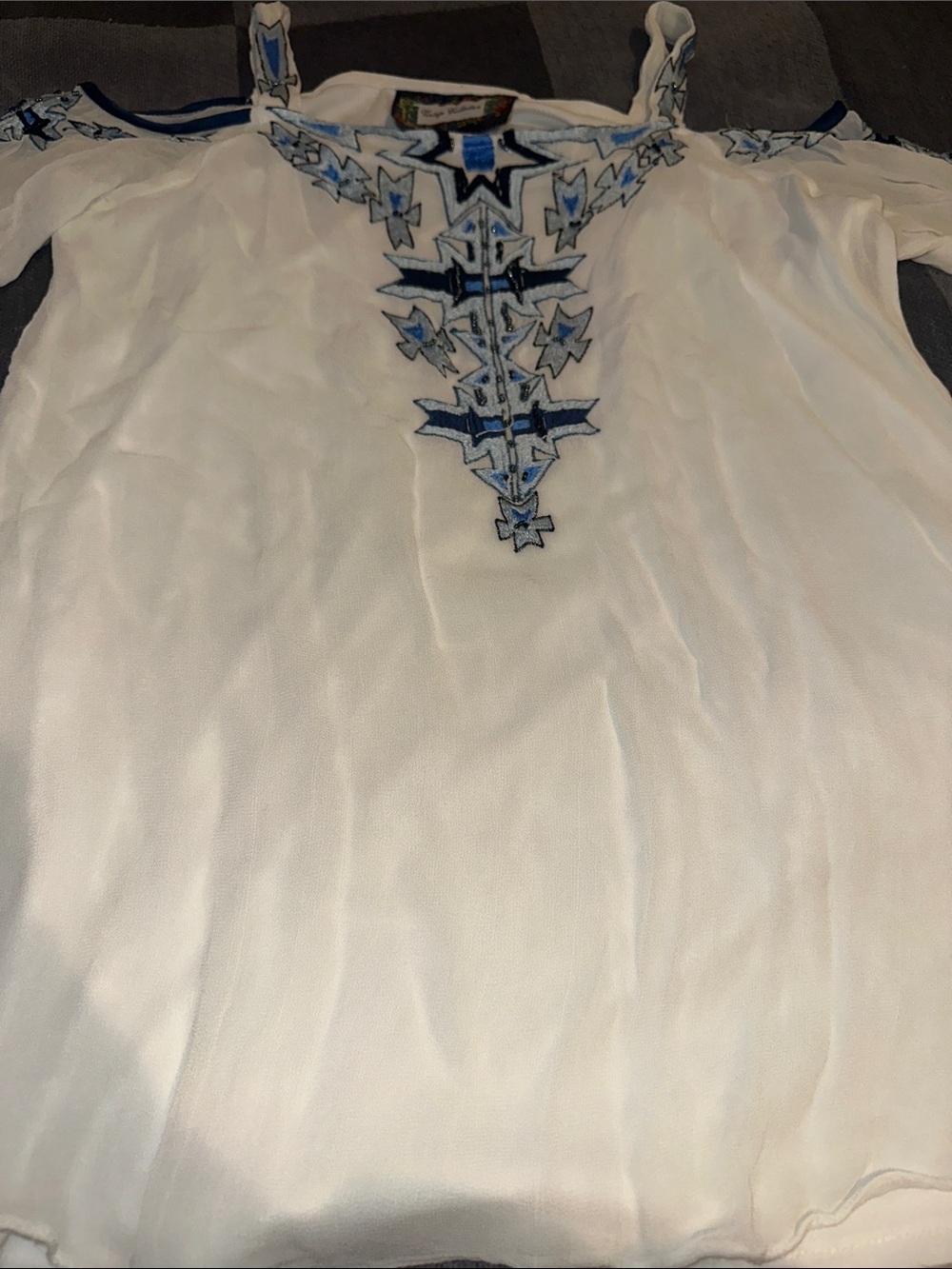 Vintage Collection White Cold-Shoulder Embroidered Tunic Top with Blue Accent